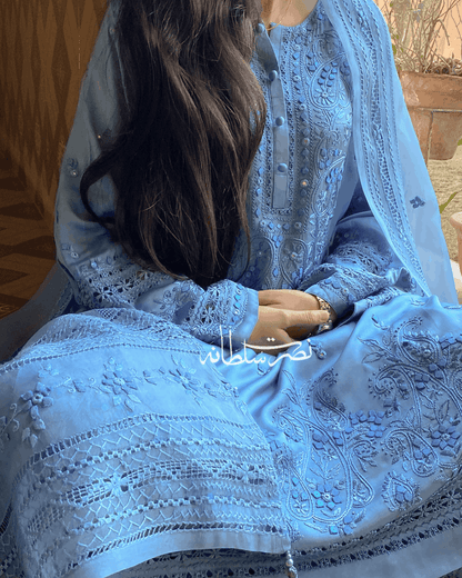 Premium Silk Hand Embroidered Two Piece - Steel Blue Shade