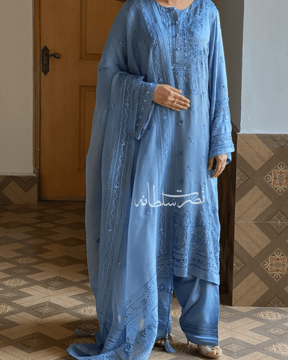 Premium Silk Hand Embroidered Two Piece - Steel Blue Shade