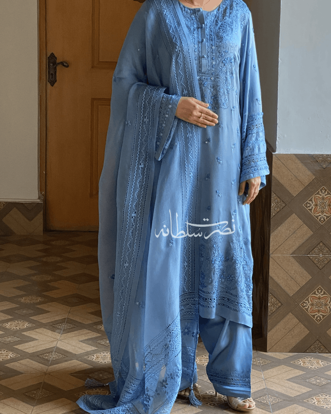 Pure Organza Hand Embroidery and Tarkashi Dupatta - Steel Blue Shade