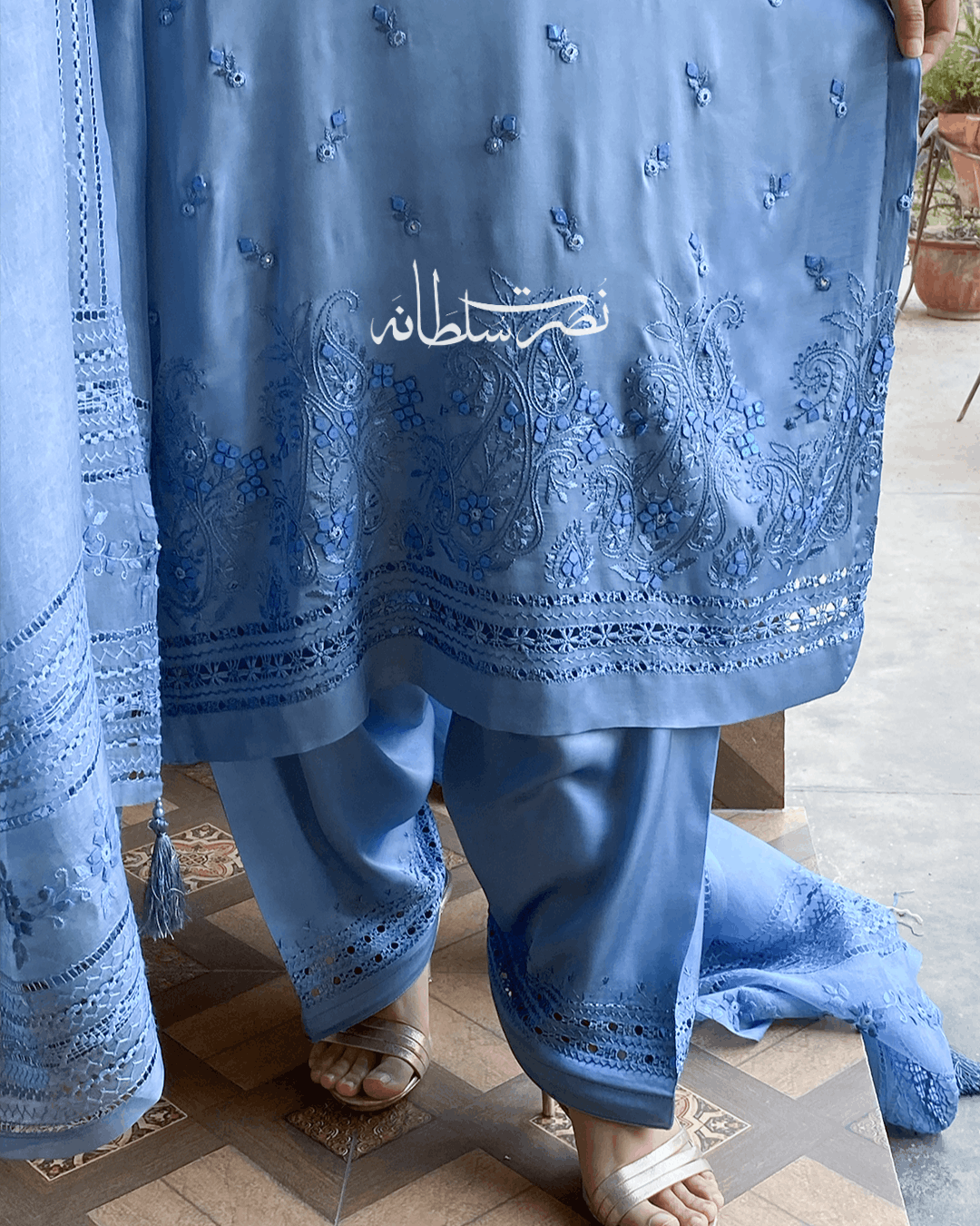 Premium Silk Hand Embroidered Two Piece - Steel Blue Shade