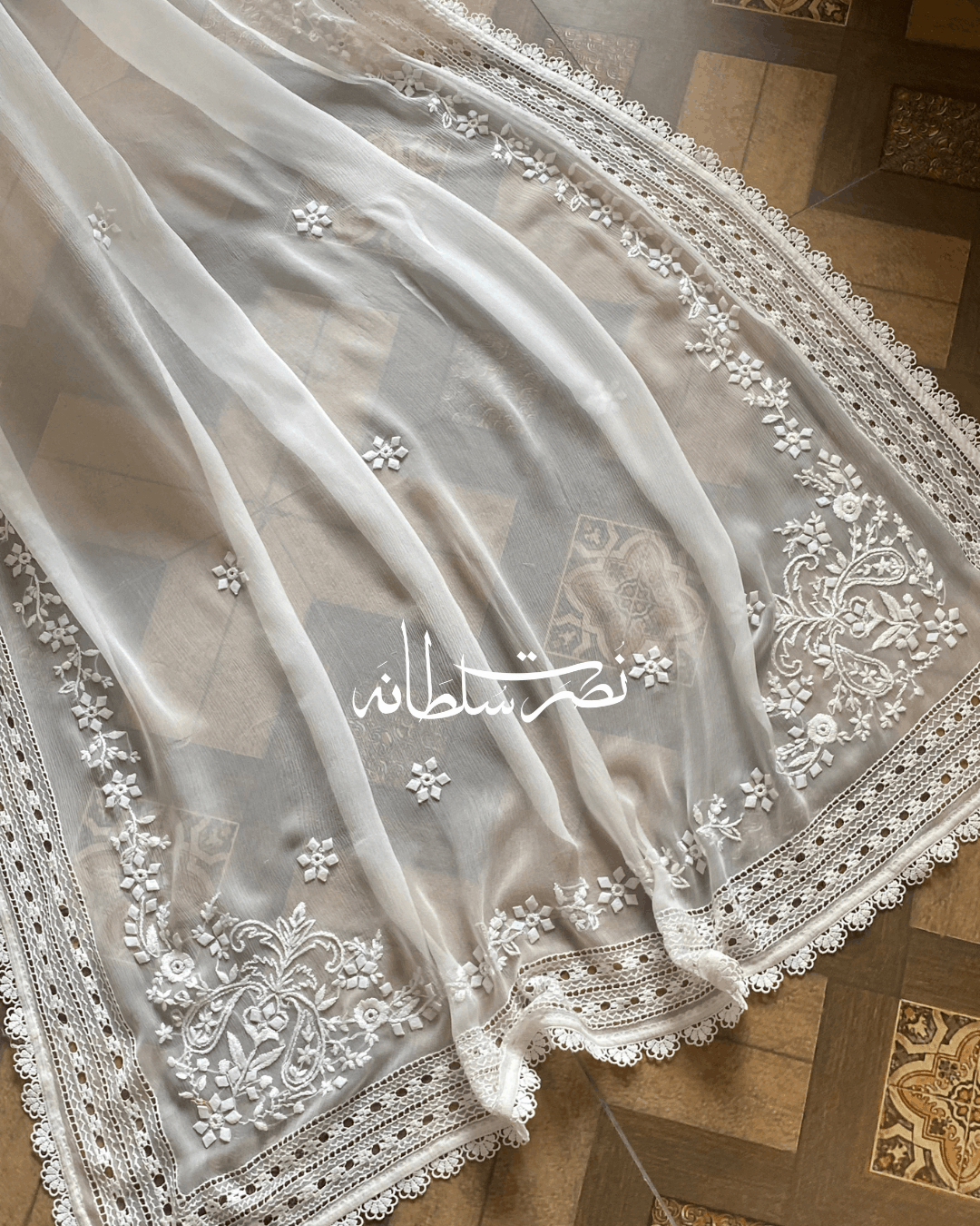 Classical Cream White Pure China Chiffon Tarkashi and Hand Embroidered Dupatta