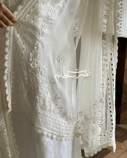 Classical Cream White Pure China Chiffon Tarkashi and Hand Embroidered Dupatta