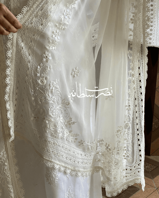 Classical Cream White Pure China Chiffon Tarkashi and Hand Embroidered Dupatta