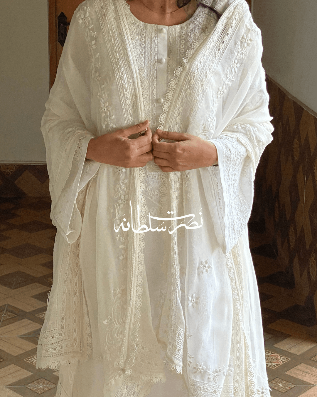 Classical Cream White Pure China Chiffon Tarkashi and Hand Embroidered Dupatta