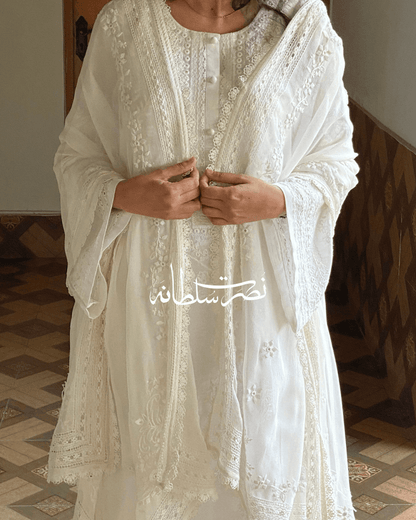 Classical Cream White Pure China Chiffon Tarkashi and Hand Embroidered Dupatta