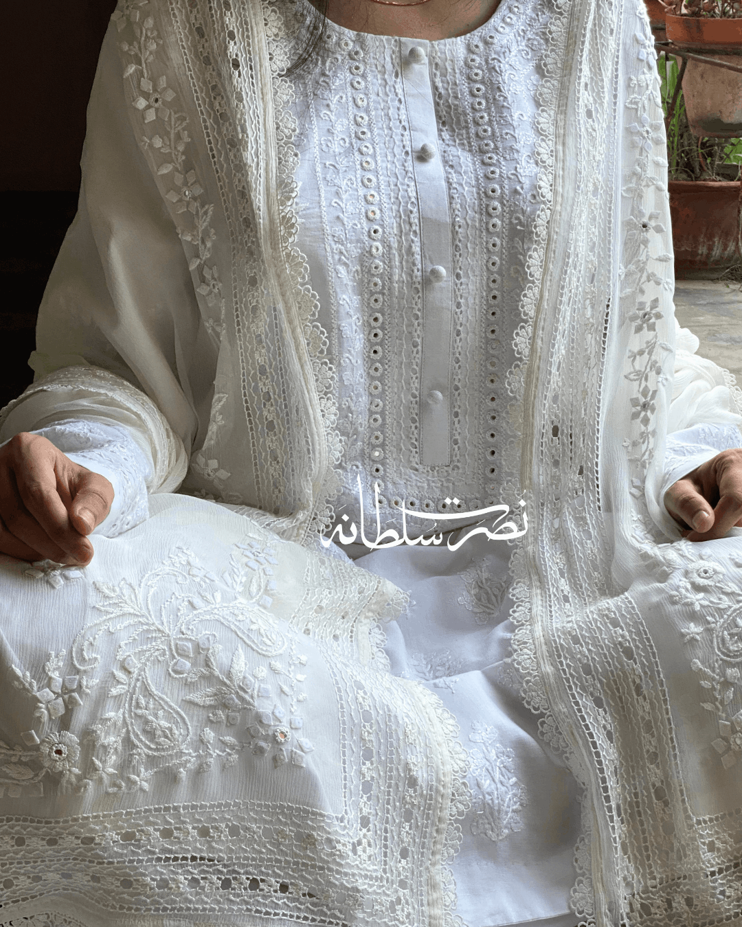 Classical Pearl White Tarkashi, Hand Embroidery and Mirror Work Kurta