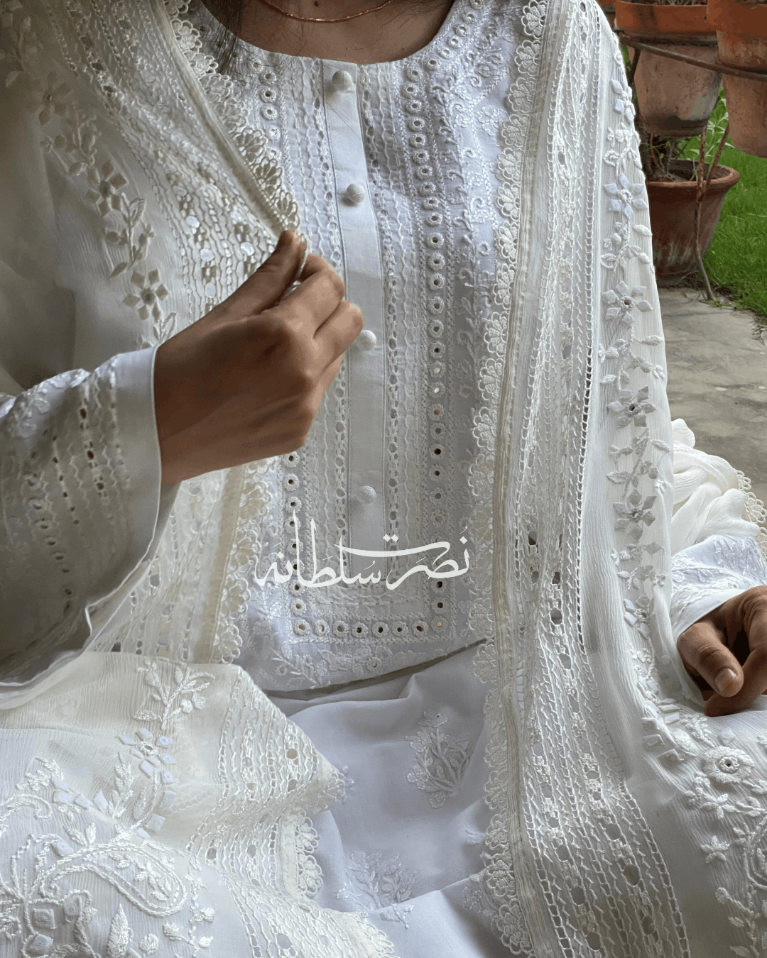 Classical Pearl White Tarkashi, Hand Embroidery and Mirror Work Kurta