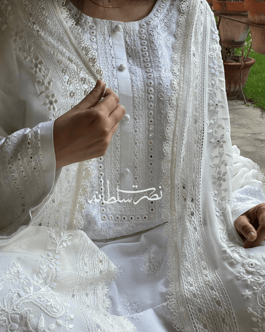 Classical Pearl White Tarkashi, Hand Embroidery and Mirror Work Kurta