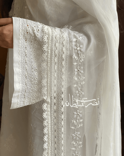 Classical Cream White Pure China Chiffon Tarkashi and Hand Embroidered Dupatta