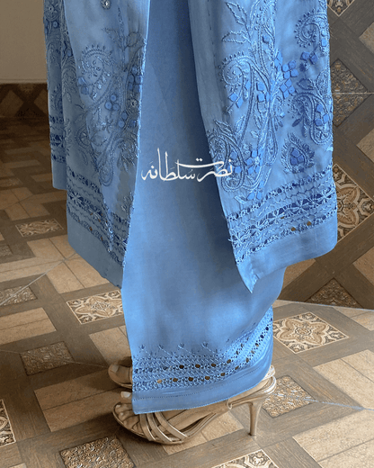 Premium Silk Hand Embroidered Two Piece - Steel Blue Shade