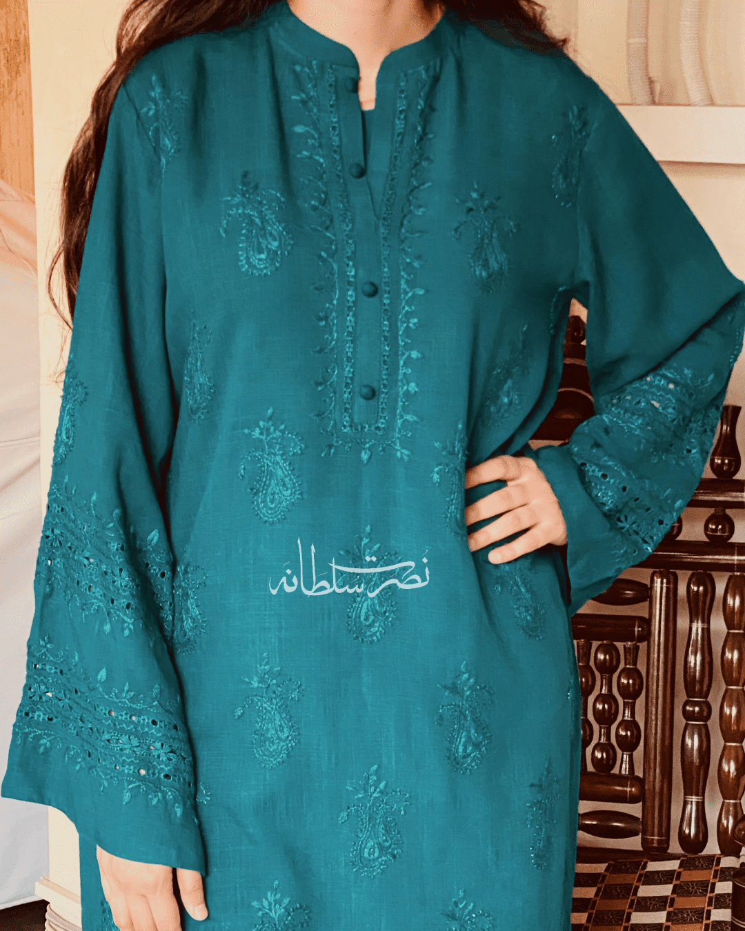 Deep Sea Green - Traditional Tarkashi and Hand Embroidered Kurta - Irish Linen