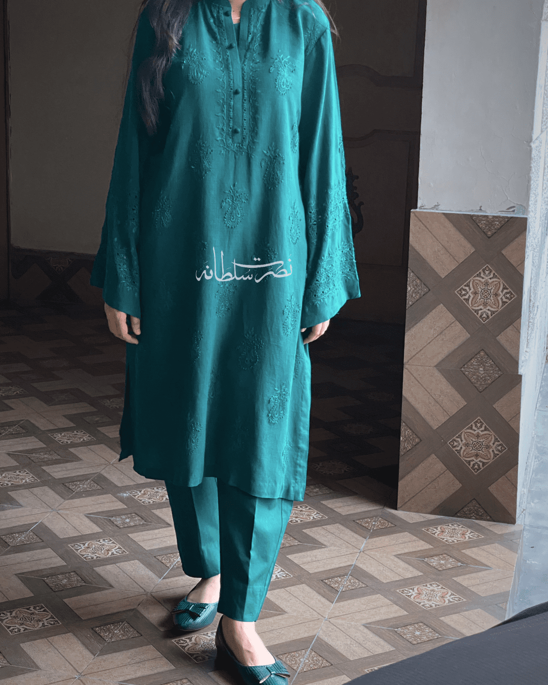 Deep Sea Green - Traditional Tarkashi and Hand Embroidered Kurta - Irish Linen