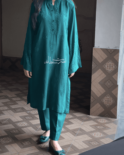 Deep Sea Green - Traditional Tarkashi and Hand Embroidered Kurta - Irish Linen