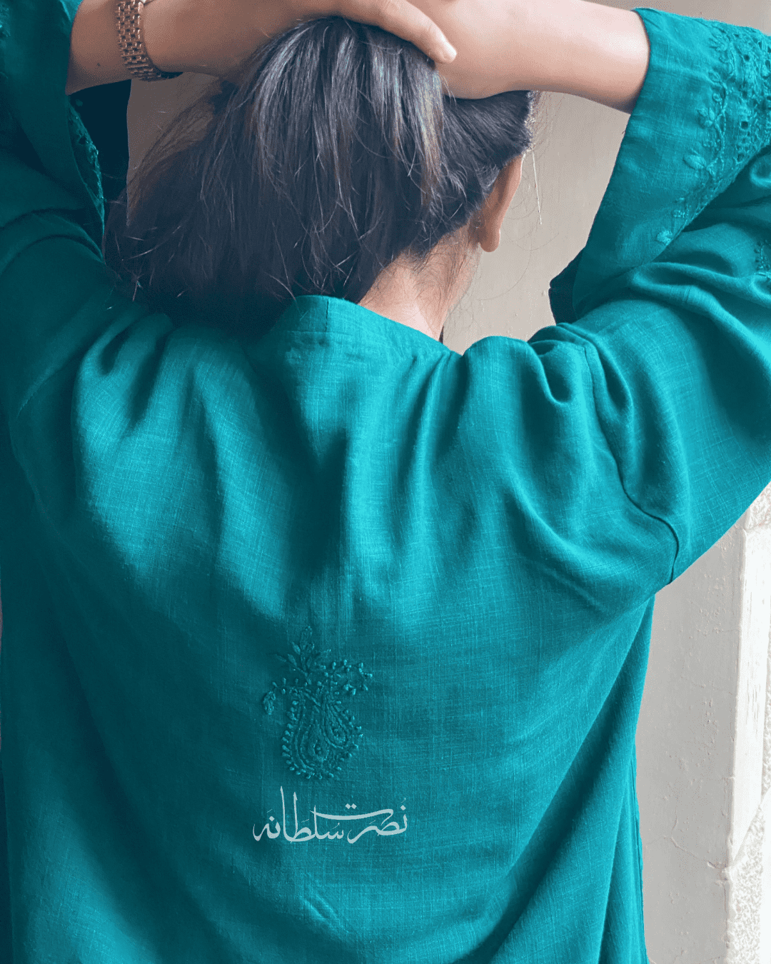 Deep Sea Green - Traditional Tarkashi and Hand Embroidered Kurta - Irish Linen