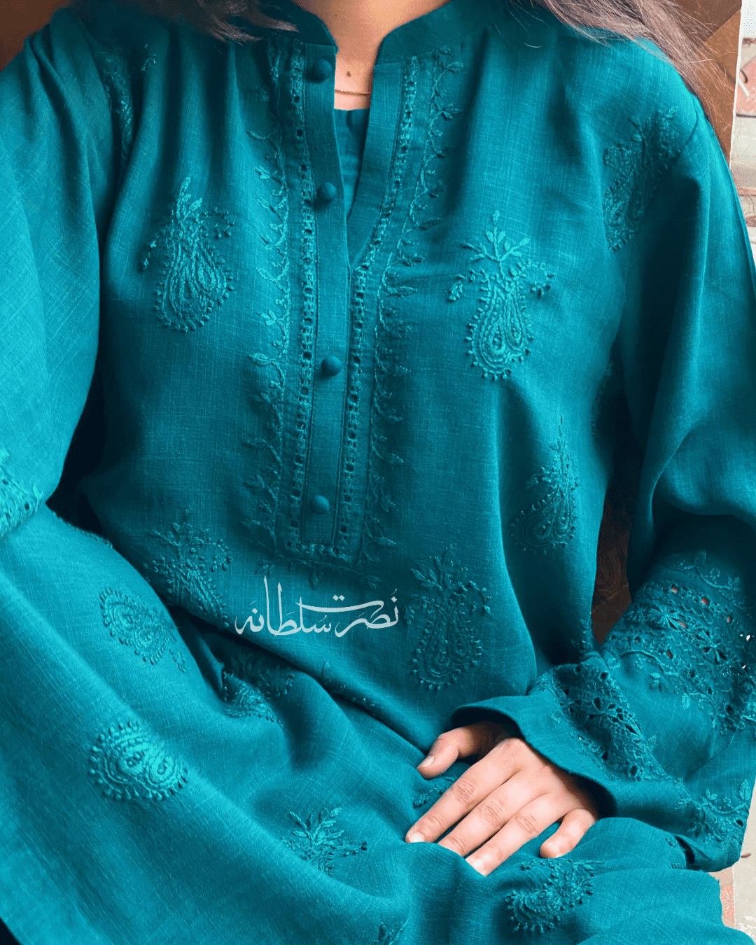 Deep Sea Green - Traditional Tarkashi and Hand Embroidered Kurta - Irish Linen