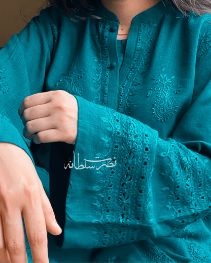 Deep Sea Green - Traditional Tarkashi and Hand Embroidered Kurta - Irish Linen