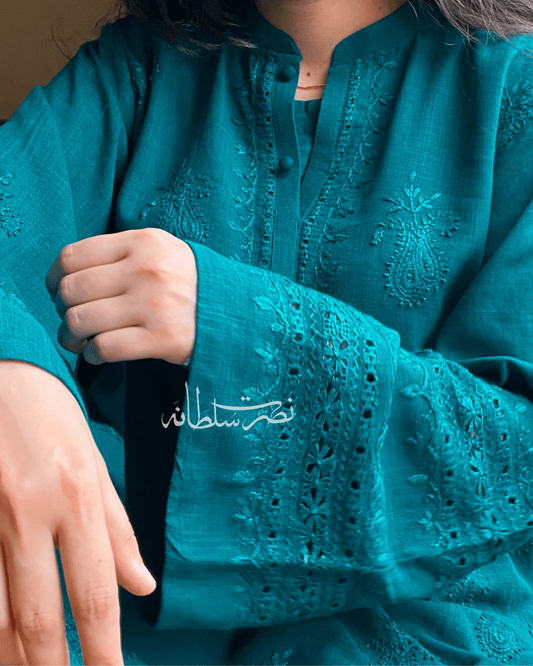 Deep Sea Green - Traditional Tarkashi and Hand Embroidered Kurta - Irish Linen