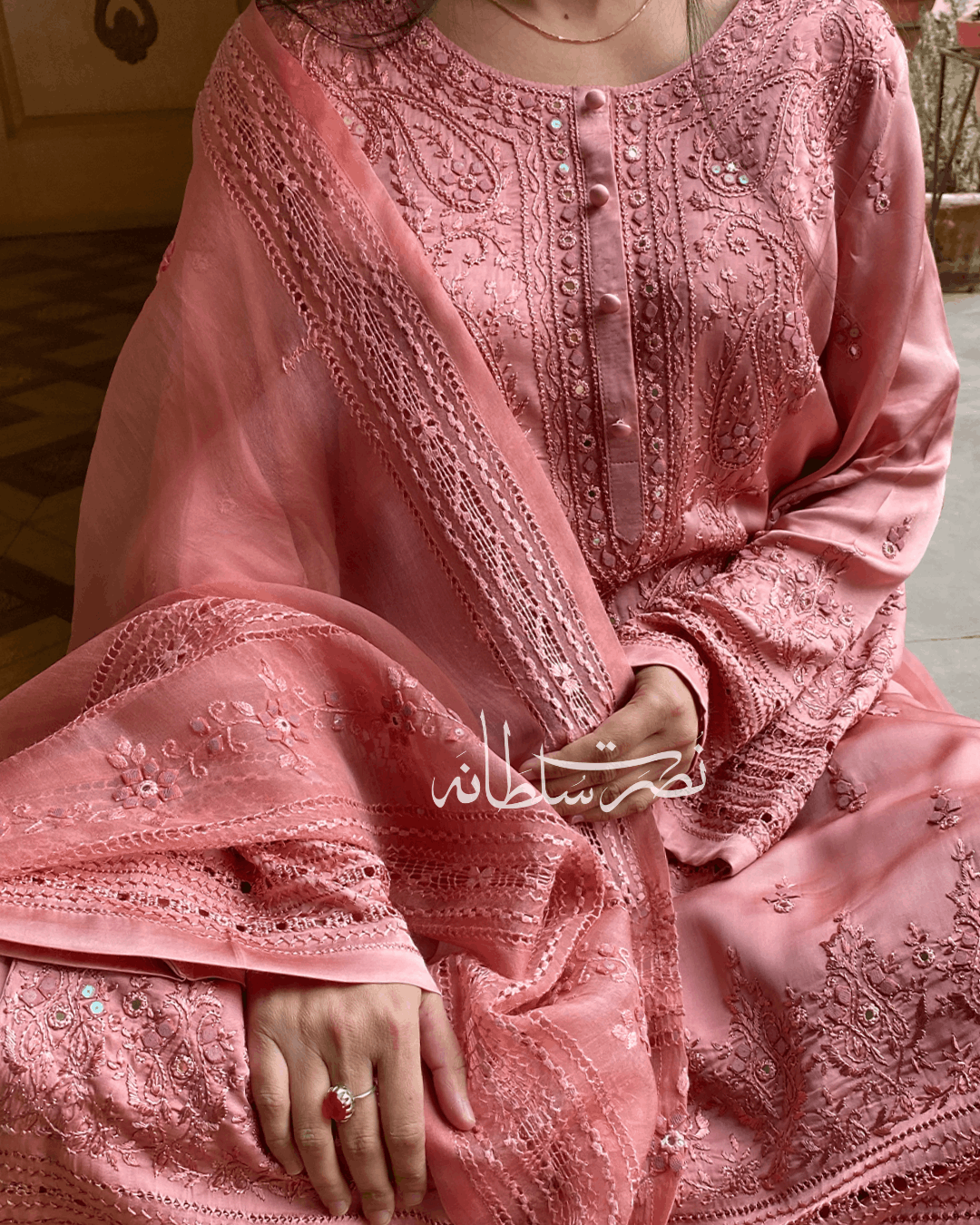 Pure China Silk - Hand Embroidery and Tarkashi Work - Two Piece - Dusty Peach