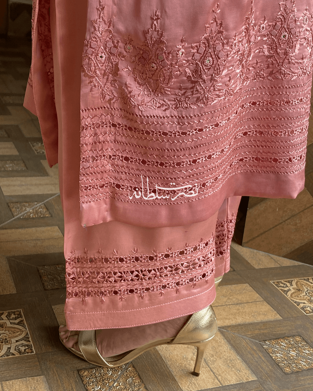 Pure China Silk - Hand Embroidery and Tarkashi Work - Two Piece - Dusty Peach