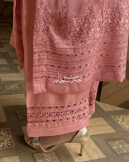 Pure China Silk - Hand Embroidery and Tarkashi Work - Two Piece - Dusty Peach