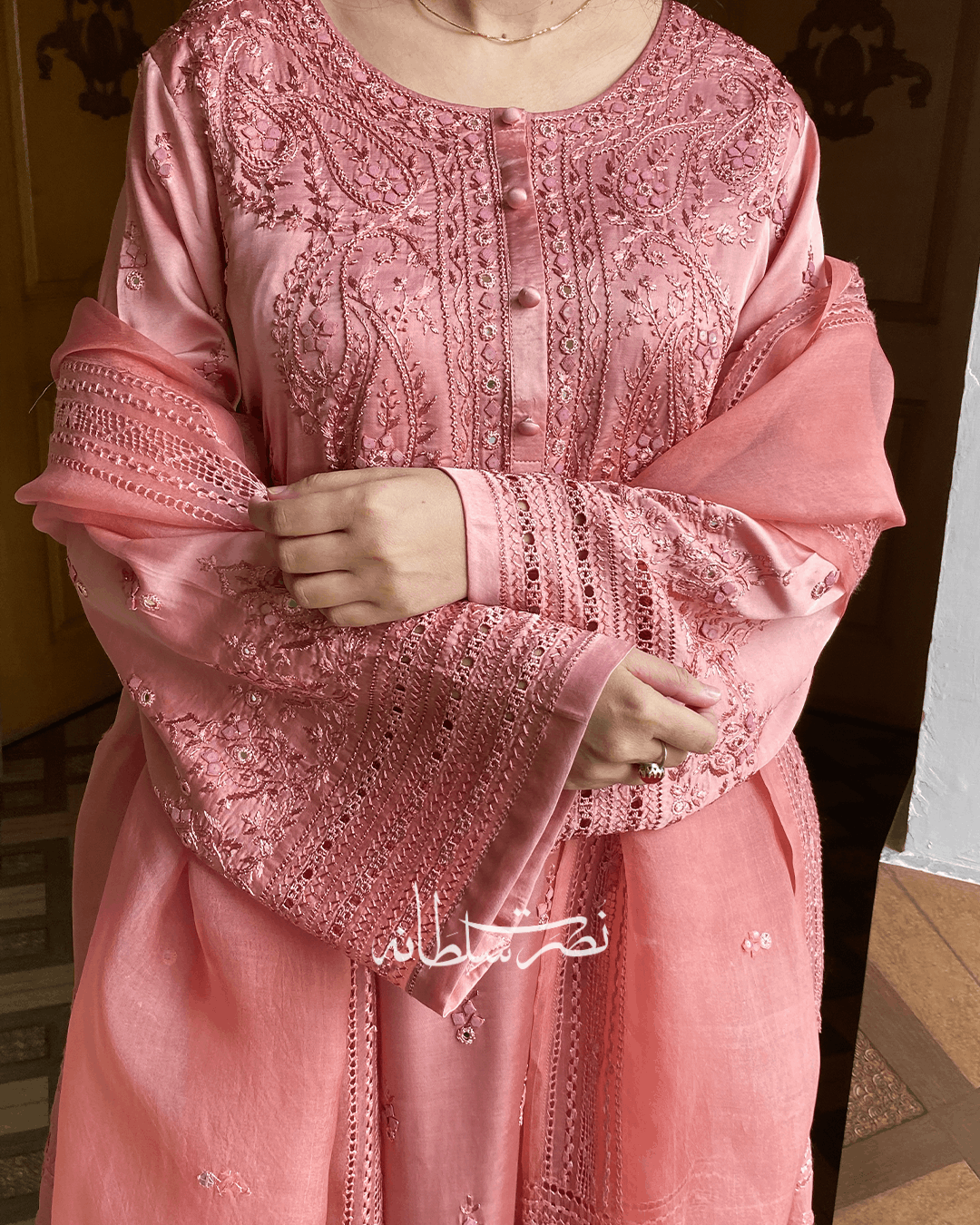 Pure China Silk - Hand Embroidery and Tarkashi Work - Two Piece - Dusty Peach