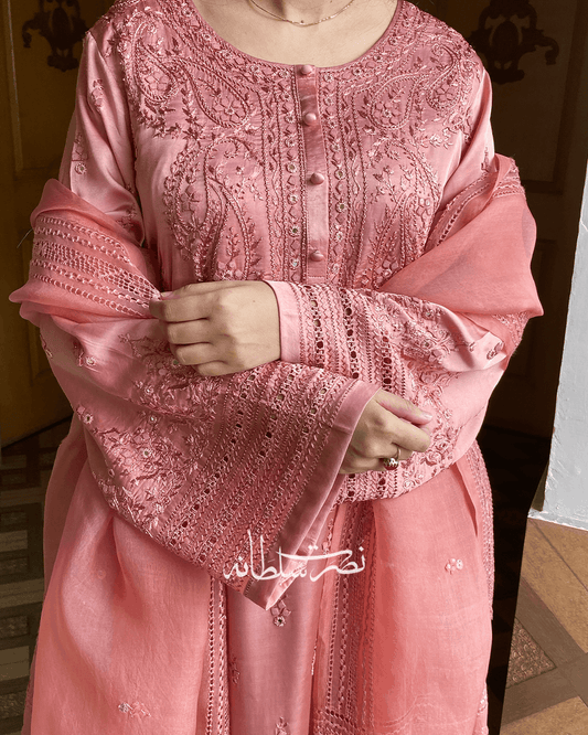 Pure China Silk - Hand Embroidery and Tarkashi Work - Two Piece - Dusty Peach