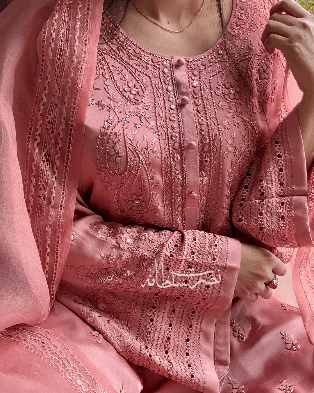 Pure China Silk - Hand Embroidery and Tarkashi Work - Two Piece - Dusty Peach