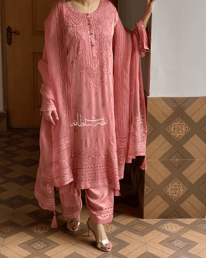 Pure China Silk - Hand Embroidery and Tarkashi Work - Two Piece - Dusty Peach