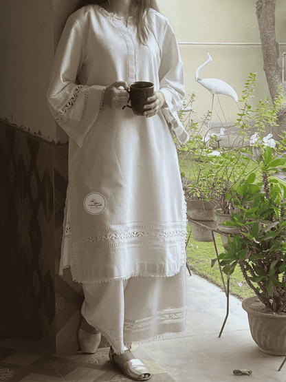 Pearl White Soft Khaddar Handcrafted Tarkashi Shirt - Stitched/Unstitched