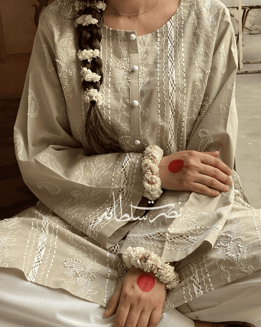 Classic Beige Tarkashi & Hand Embroidered Shirt - Beige Shade