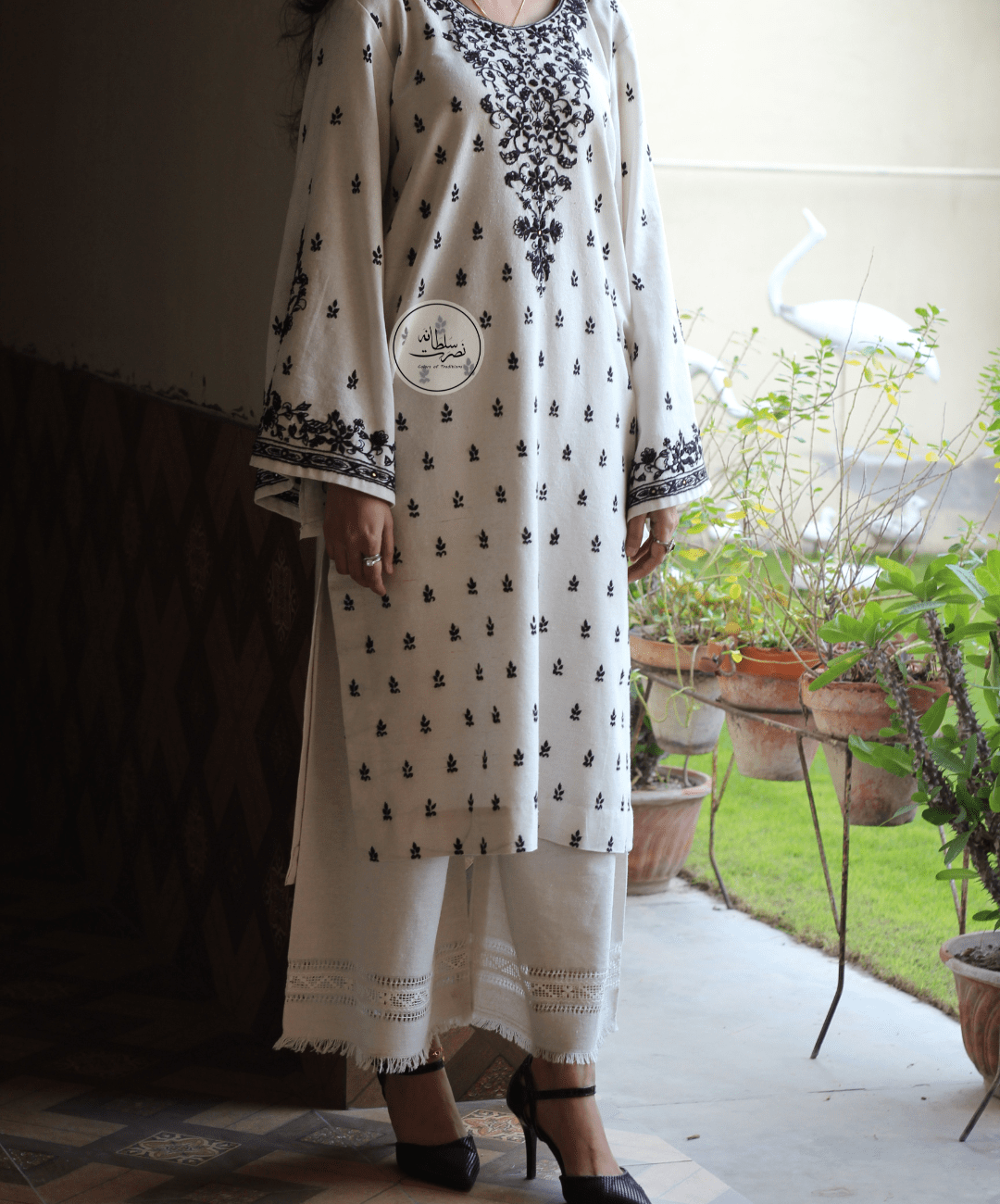 Hand Embroidered White and Black Soft Khaddar Shirt - Pret