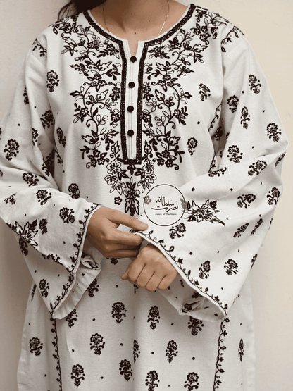 Classic White & Black - Hand Embroidered Winter Soft Khaddar Kurta – Pret