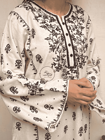 Classic White & Black - Hand Embroidered Winter Soft Khaddar Kurta – Pret