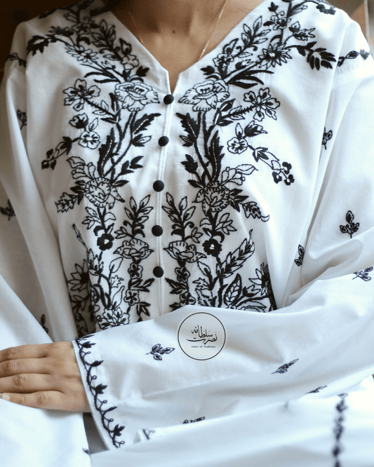 Traditional Hand Embroidered White & Black Lawn Kurta - Pret