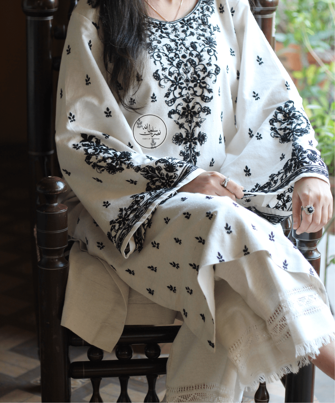 Hand Embroidered White and Black Soft Khaddar Shirt - Pret