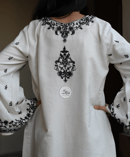 Hand Embroidered White and Black Soft Khaddar Shirt - Pret