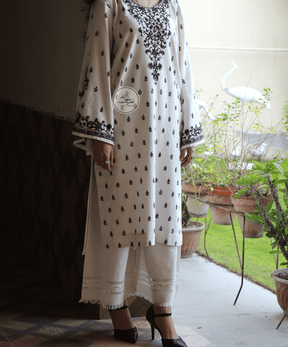 Hand Embroidered White and Black Soft Khaddar Shirt - Pret