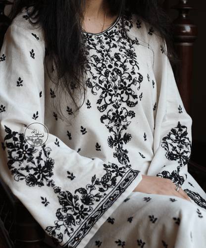 Hand Embroidered White and Black Soft Khaddar Shirt - Pret