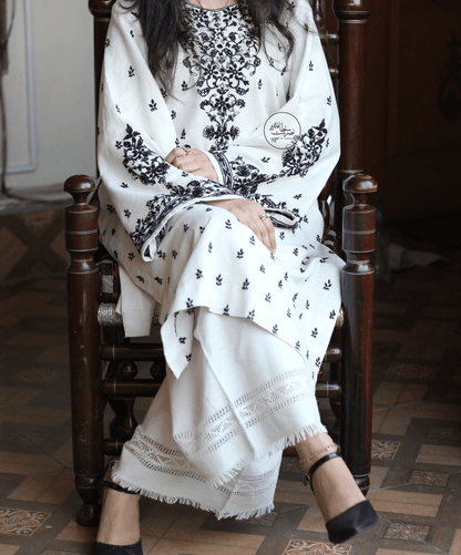 Hand Embroidered White and Black Soft Khaddar Shirt - Pret