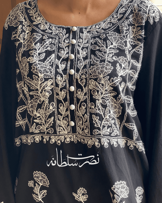 Classic Black - Kacha Tanka Hand Embroidered Shirt - Pret