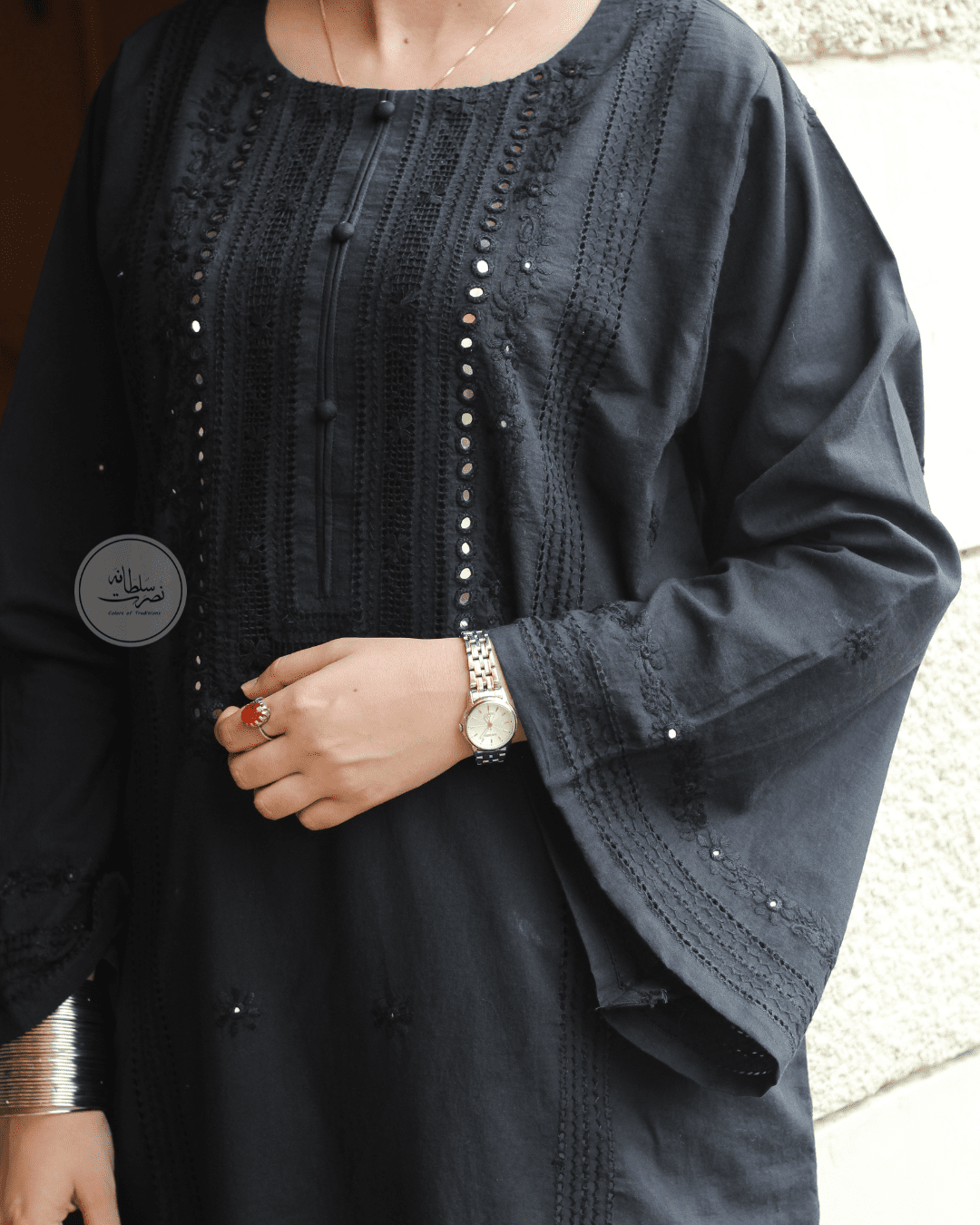 Classic Black Handcrafted Tarkashi Kurta - Pure Lawn