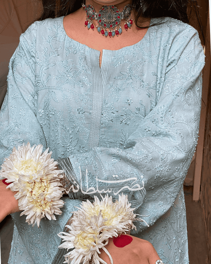 Classic Hand Embroidered Chikankari Lawn Shirt - Mint Green