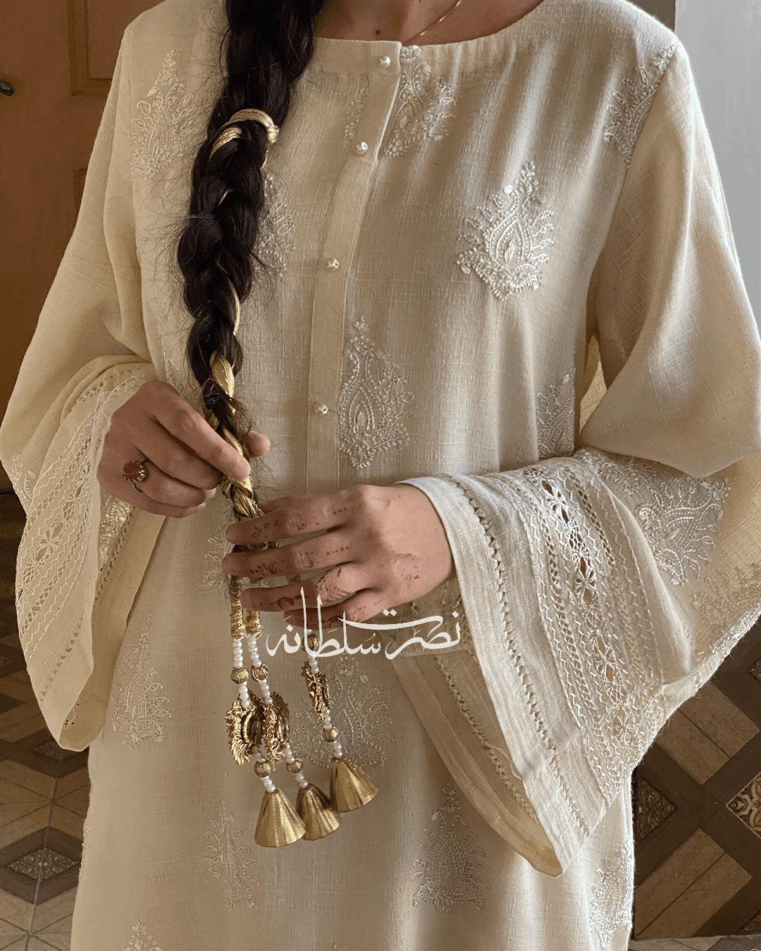 Handmade Soft Cream Irish Lawn Tarkashi Work Kurta - Premium Summer Lawn