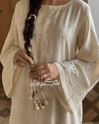 Handmade Soft Cream Irish Lawn Tarkashi Work Kurta - Premium Summer Lawn