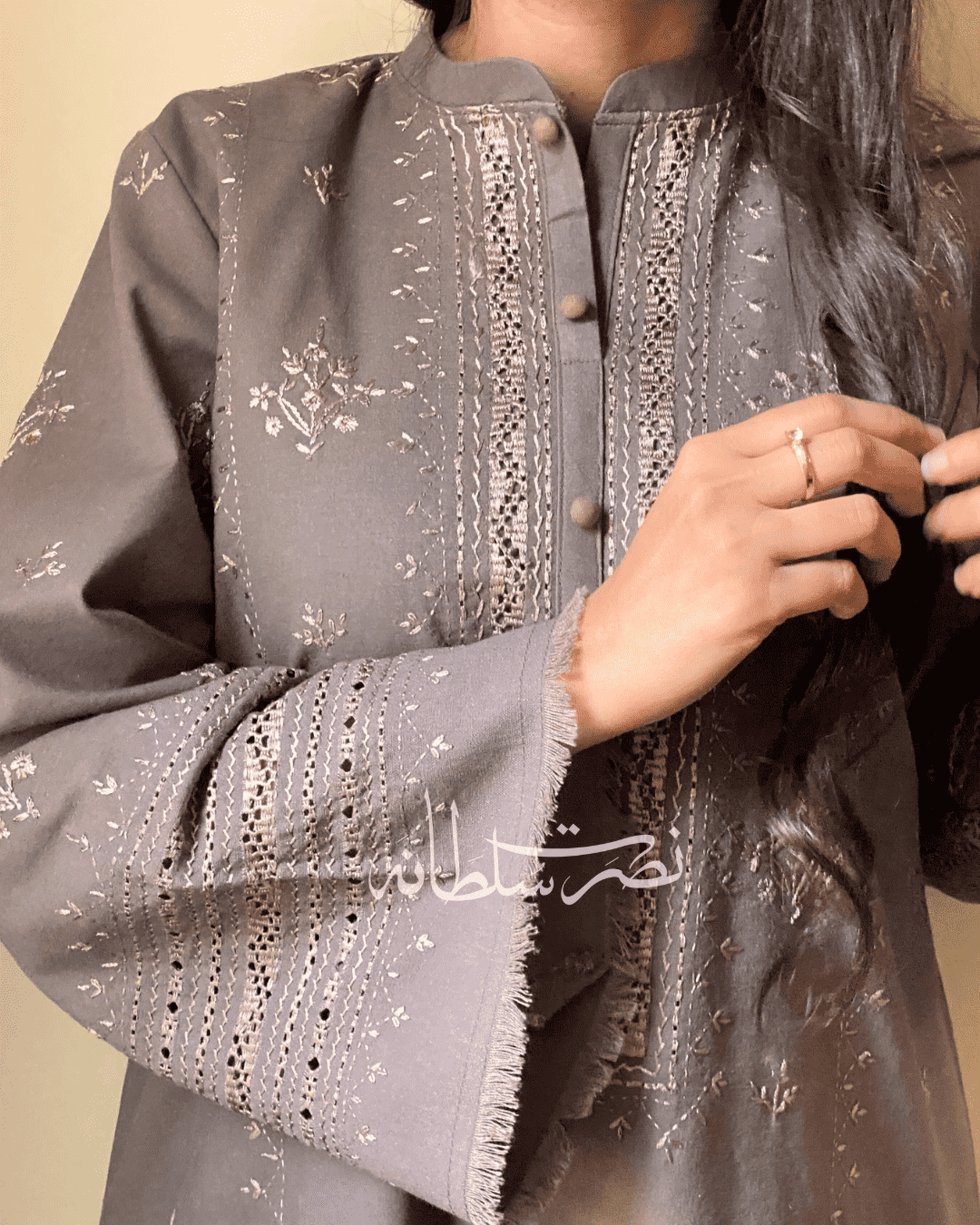 Traditional Hand Embroidery & Tarkashi work Shirt - Coffee Shade