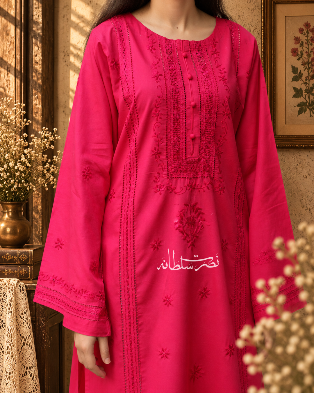 Hot Pink Handmade Tarkashi Kurta - Summer Lawn