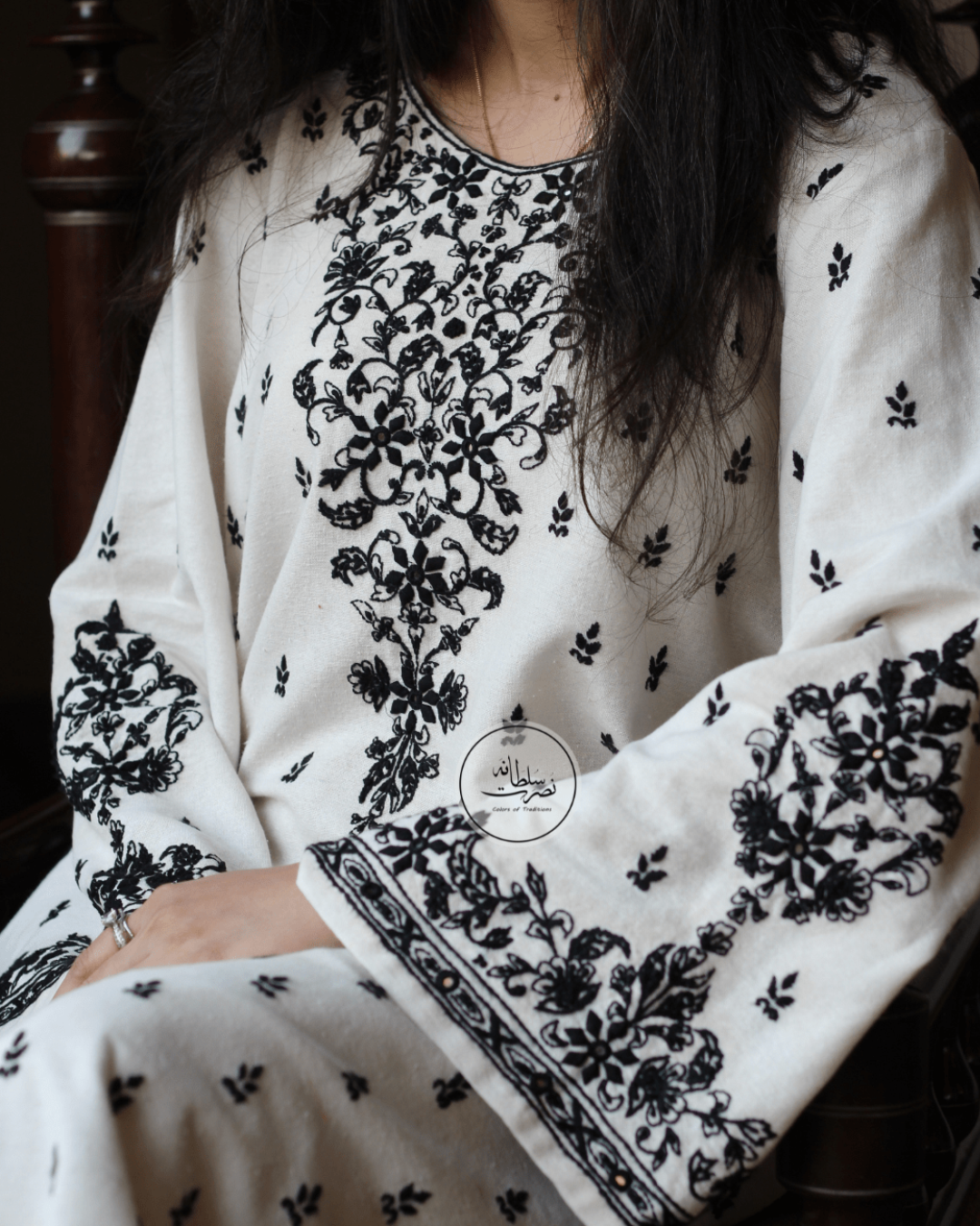 Hand Embroidered White and Black Soft Khaddar Shirt - Pret