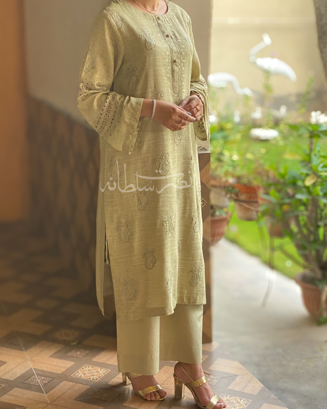 Classic Hand Embroidered Tarkashi - Irish Linen Shirt - Pastel Green Shade