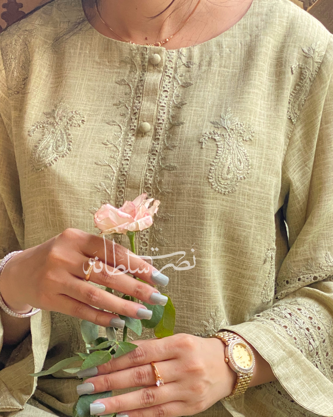 Classic Hand Embroidered Tarkashi - Irish Linen Shirt - Pastel Green Shade