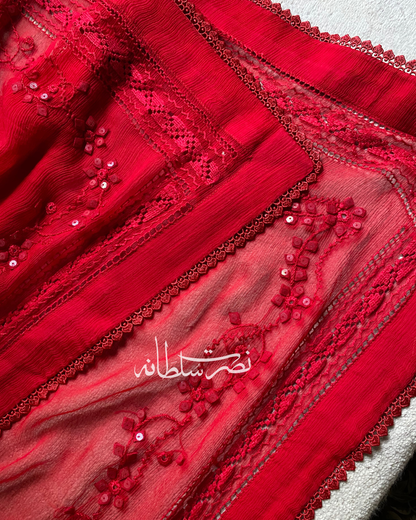Classic Pure Chiffon Handcrafted Tarkashi Dupatta - Deep Red